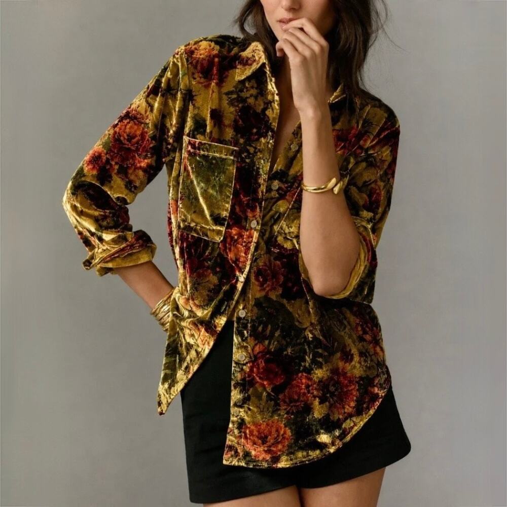 Anthropologie Pilcro Hadley Velvet Relaxed Button-down Shirt - Gold - Size S